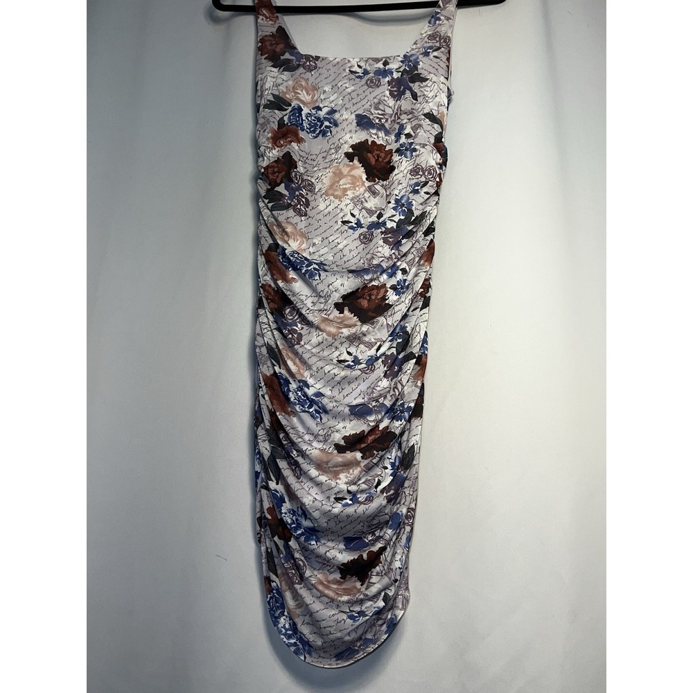 Floral Script Ruched Bodycon Dress - Sleeveless Stretchy Party Medium - Picture 3 of 7